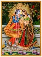 〔約40.5cm×約30.5cm〕輝くラメ入り・インドのヒンドゥー神様ポスター - クリシュナとラーダ ミニアチュール画の商品写真