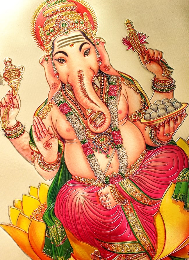 〔約40cm×約30cm〕インドのヒンドゥー神様ゴールドポスター - ガネーシャ 学問と商売の神様 2 - 拡大写真です。金色ベースなので通常のポスターとは一線を画する光沢感。見ていると引き込まれます。