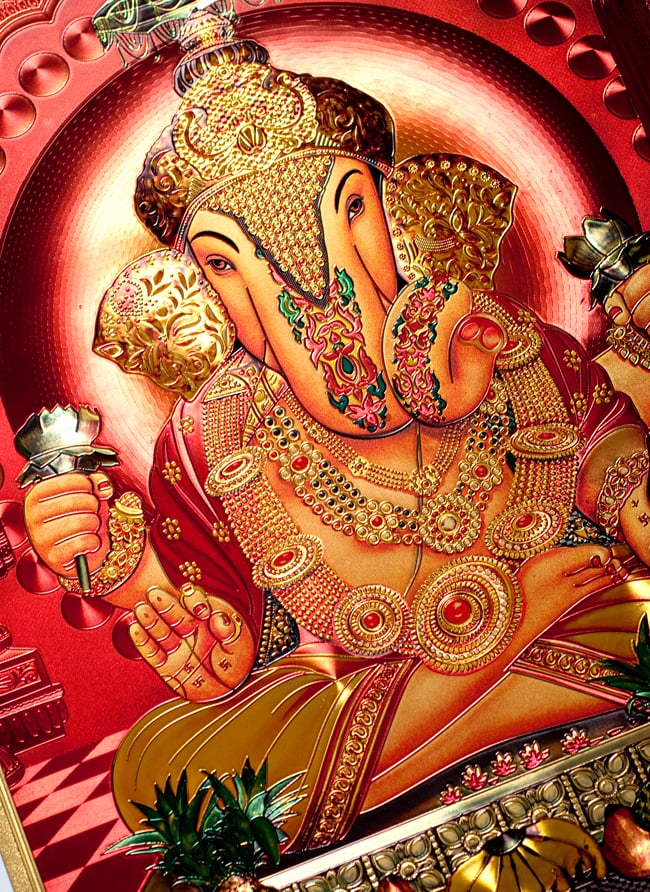 〔約40cm×約30cm〕インドのヒンドゥー神様ゴールドポスター - ガネーシャ 学問と商売の神様 2 - 拡大写真です。金色ベースなので通常のポスターとは一線を画する光沢感。見ていると引き込まれます。