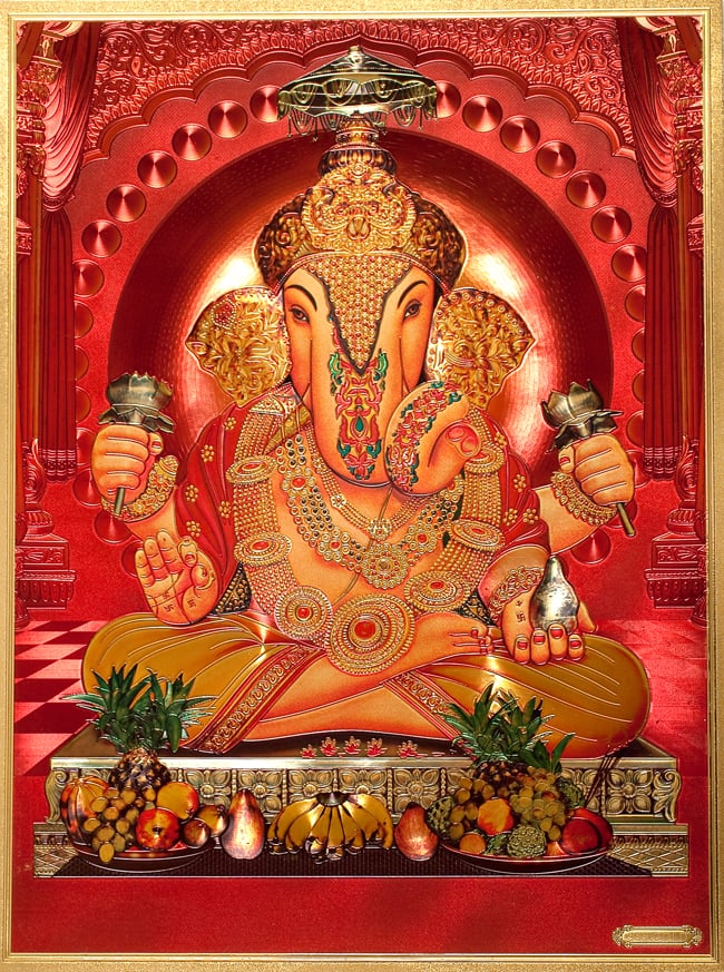 〔約40cm×約30cm〕インドのヒンドゥー神様ゴールドポスター - ガネーシャ 学問と商売の神様の写真