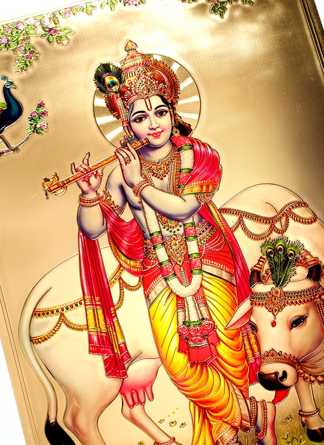 〔約40cm×約30cm〕インドのヒンドゥー神様ゴールドポスター - クリシュナ 2 - 拡大写真です。金色ベースなので通常のポスターとは一線を画する光沢感。見ていると引き込まれます。