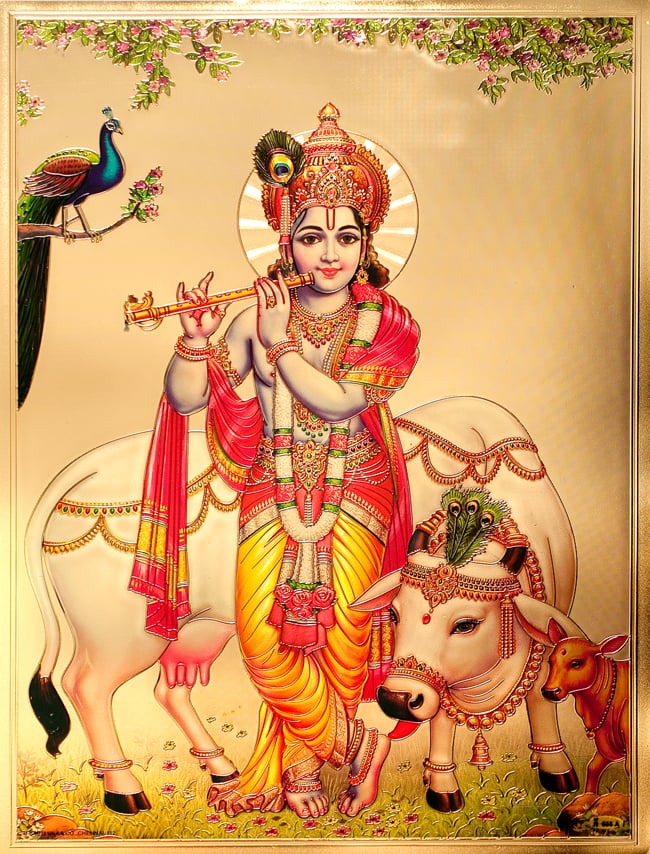 〔約40cm×約30cm〕インドのヒンドゥー神様ゴールドポスター - クリシュナの写真