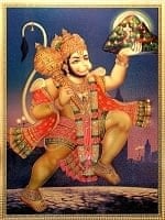 〔約40cm×約30cm〕インドのヒンドゥー神様ゴールドポスター - ハヌマーン 猿族の王子様