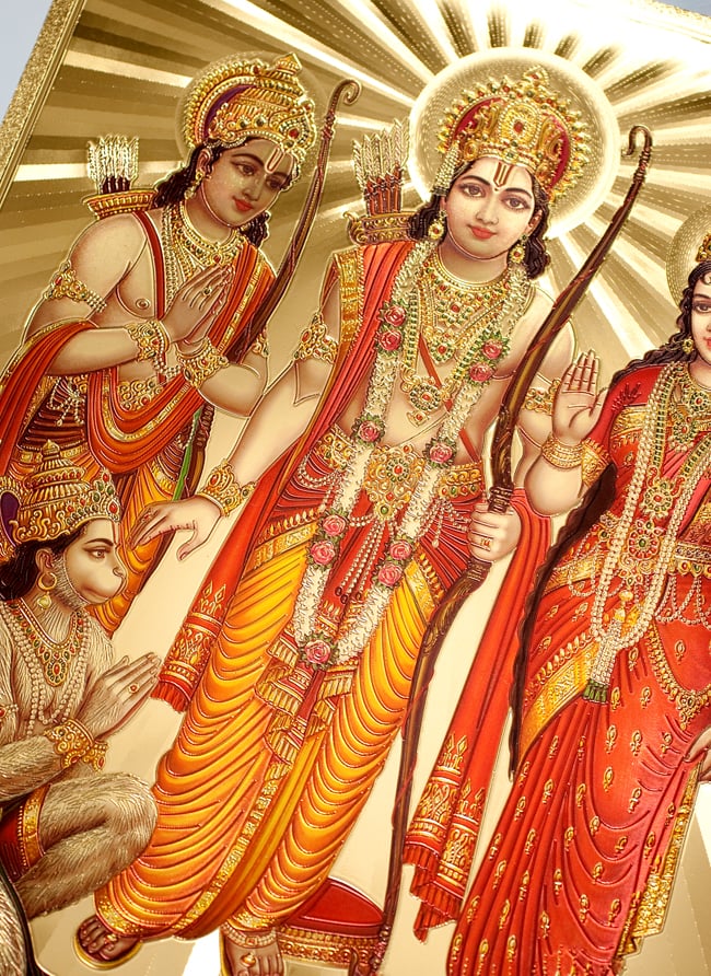 〔約40cm×約30cm〕インドのヒンドゥー神様ゴールドポスター - ラーマヤナの商品写真 2枚目 拡大写真です。金色ベースなので通常のポスターとは一線を画する光沢感。見ていると引き込まれます。