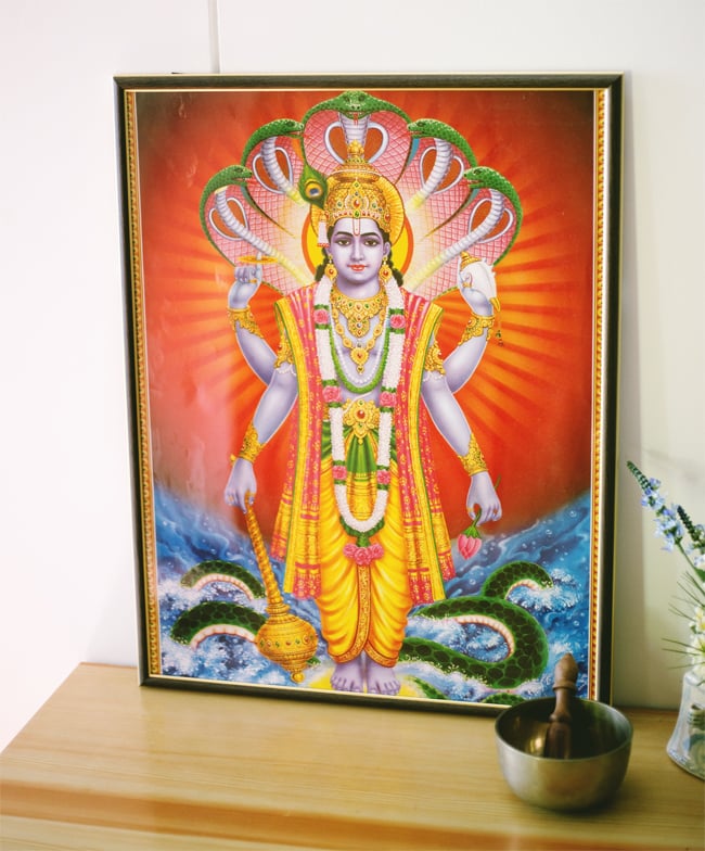 インドの神々　ビンテージポスター　　額縁付 約70.5cm×約50cm〕大判インドのヒンドゥー神様ポスター