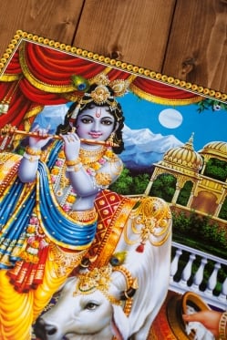 〔約70.5cm×約50.5cm〕大判インドのヒンドゥー神様ポスター - クリシュナ - サブ2