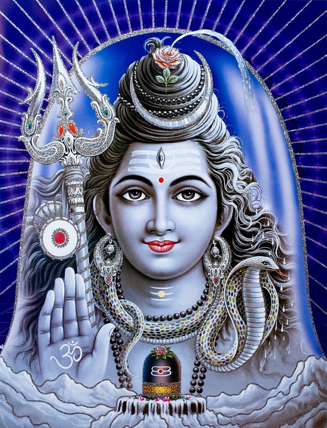 〔約40.5cm×約30.5cm〕輝くラメ入り・インドのヒンドゥー神様ポスター - シヴァ神の写真1枚目です。全体写真ですシヴァ,SIVA,ポスター,ヒンドゥー教,絵画