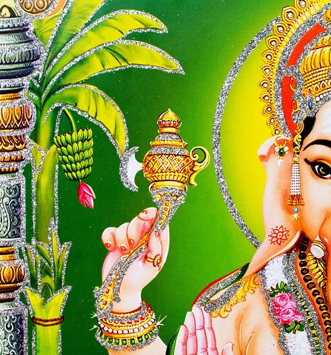 〔約40.5cm×約30.5cm〕輝くラメ入り・インドのヒンドゥー神様ポスター - ガネーシャ 学問と商売の神様 4 - 細かい部分までラメが施されています!