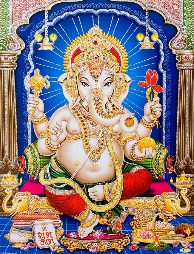 〔約40.5cm×約30.5cm〕輝くラメ入り・インドのヒンドゥー神様ポスター - ガネーシャ 学問と商売の神様の写真1枚目です。全体写真ですガネーシャ,ポスター,ヒンドゥー教,絵画