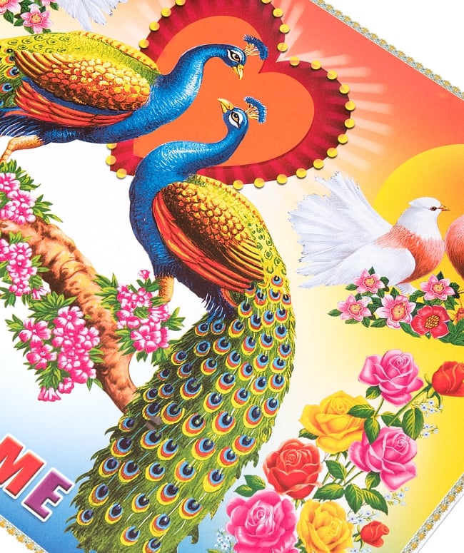 インドの大判ウェルカムポスター 【ハートと鳥】 2 - 拡大写真です。インドらしい綺麗な彩色が魅力です。