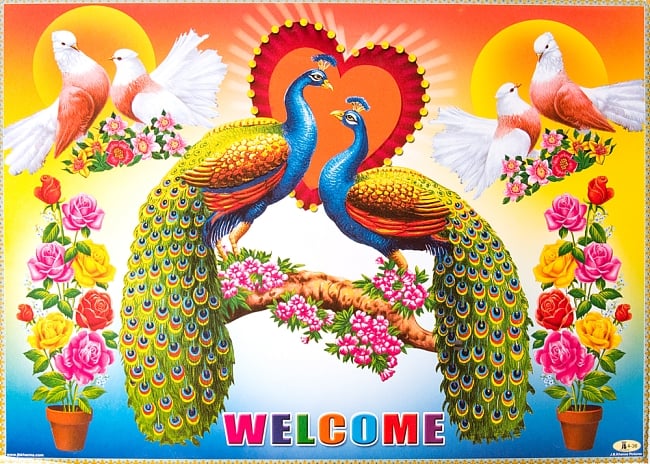 インドの大判ウェルカムポスター 【ハートと鳥】の写真1枚目です。全体写真です。サイズ感は巷で見かける映画のポスターぐらいの大きさ。存在感があります。ポスター,ウェルカムポスター,インド,お祝い,