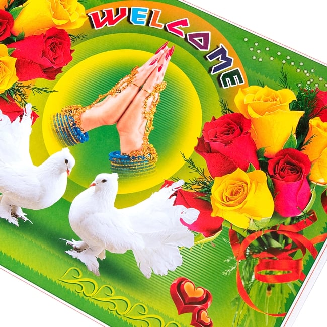 インドの大判ウェルカムポスター 【白鳩とナマステ】 2 - 拡大写真です。インドらしい綺麗な彩色が魅力です。
