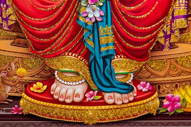〔約30cm×約40cm〕輝くラメ入りインドのヒンドゥー神様ポスター - ガネーシャ 4 - 別の箇所を見てみました。