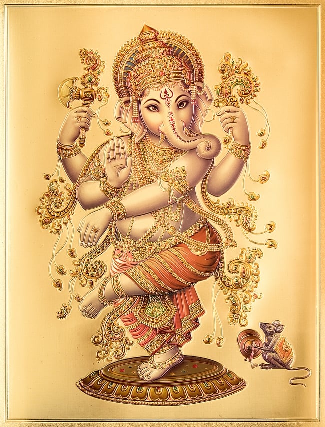 〔約40cm×約30cm〕インドのヒンドゥー神様ゴールドポスター - ガネーシャ 学問と商売の神様の写真1枚目です。全体写真です。光沢感のある金色をベースに、立体感のあるエンボスで模様へ綺麗な彩色が施されています。ガネーシャ,ガナパティ,ガネーシュ,ヴィナーヤカ,ヴィグネーシュヴァラ,Ganesha,ポスター