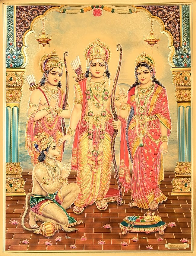 〔約40cm×約30cm〕インドのヒンドゥー神様ゴールドポスター - ラーマヤナの写真1枚目です。全体写真です。光沢感のある金色をベースに、立体感のあるエンボスで模様へ綺麗な彩色が施されています。ラーマヤナ,大長編叙事詩,Ramayana,ポスター