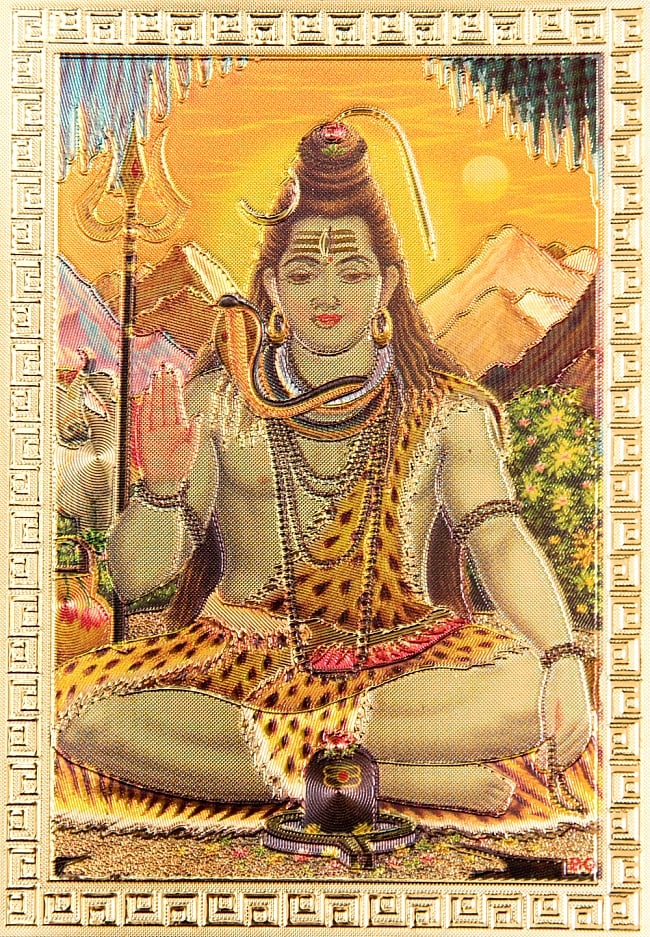 〔約6cm×約8.5cm〕インドのヒンドゥー神様ゴールドお守りカード ステッカー - シヴァの写真1枚目です。全体写真です。光沢感のある金色をベースに、立体感のあるエンボスで模様へ綺麗な彩色が施されています。ドゥルガー,デーヴァ神族,パールヴァティー,ポスター