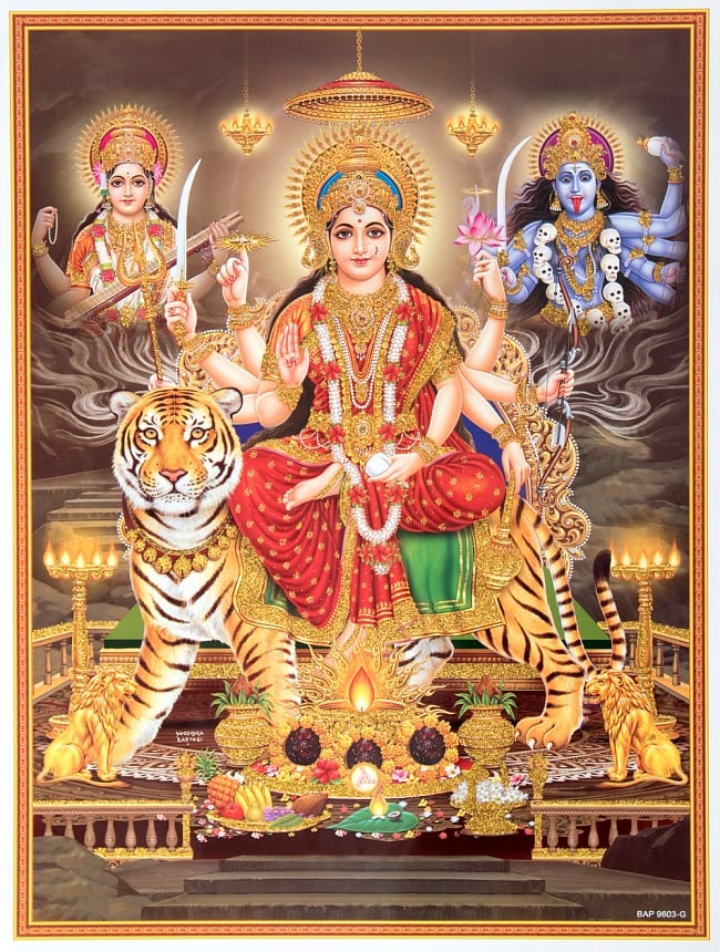 〔約30cm×約40cm〕輝くラメ入りインドのヒンドゥー神様ポスター - ドゥルガーの写真