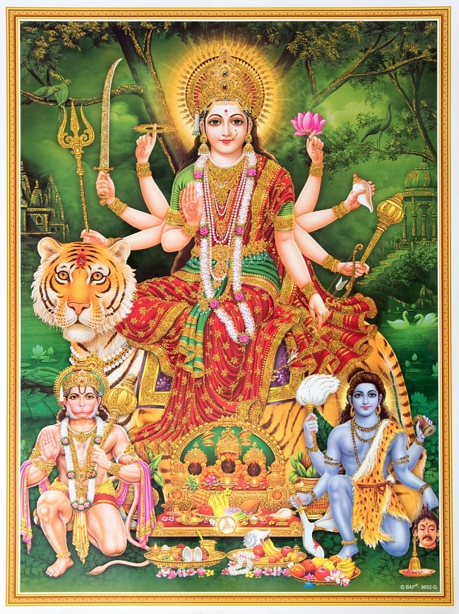 〔約30cm×約40cm〕輝くラメ入りインドのヒンドゥー神様ポスター - ドゥルガーの写真1枚目です。全体写真ですdurga,ドゥルガー,女神,インドの神様,神様,ポスター