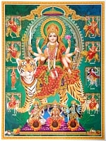 〔約30cm×約40cm〕輝くラメ入りインドのヒンドゥー神様ポスター - ドゥルガーの商品写真