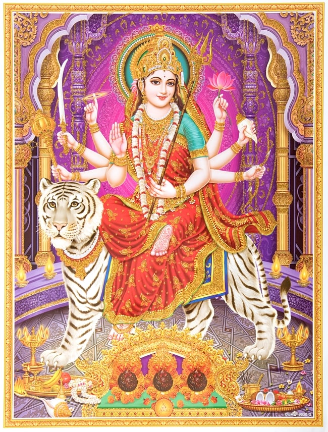 〔約30cm×約40cm〕輝くラメ入りインドのヒンドゥー神様ポスター - ドゥルガーの写真1枚目です。全体写真ですdurga,ドゥルガー,女神,インドの神様,神様,ポスター