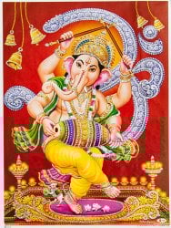 〔約40.5cm×約30.5cm〕輝くラメ入り・インドのヒンドゥー神様ポスター - ガネーシャ 学問と商売の神様(ID-PSTB-454)