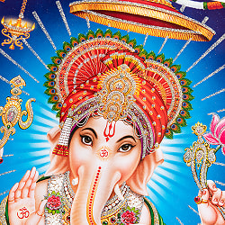 〔約40.5cm×約30.5cm〕輝くラメ入り・インドのヒンドゥー神様ポスター - ガネーシャ 学問と商売の神様 - サブ2