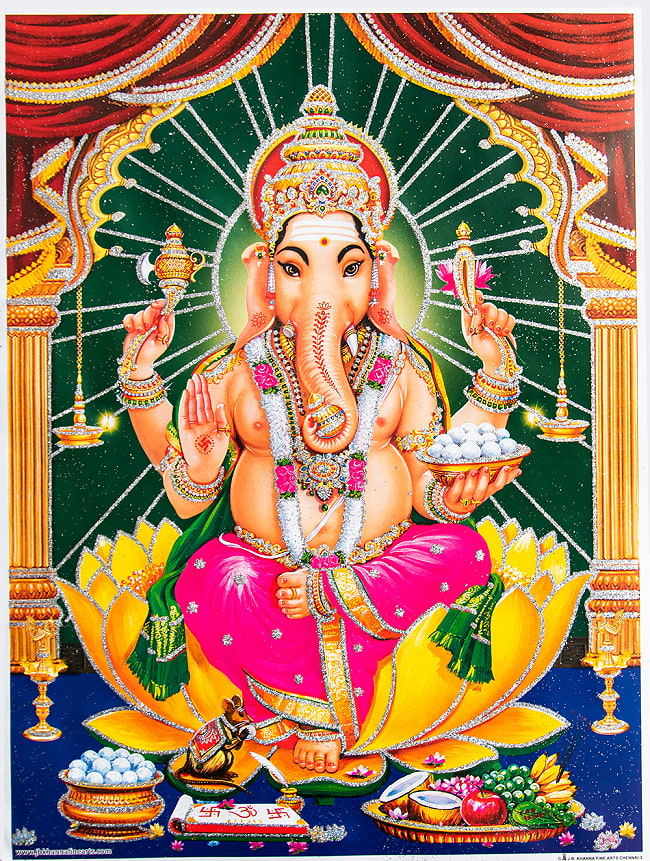 〔約40.5cm×約30.5cm〕輝くラメ入り・インドのヒンドゥー神様ポスター - ガネーシャ 学問と商売の神様の写真1枚目です。全体写真ですガネーシャ,ガナパティ,ガネーシュ,ヴィナーヤカ,ヴィグネーシュヴァラ,Ganesha,ポスター