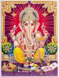 〔約40.5cm×約30.5cm〕輝くラメ入り・インドのヒンドゥー神様ポスター - ガネーシャ 学問と商売の神様