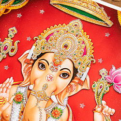 〔約40.5cm×約30.5cm〕輝くラメ入り・インドのヒンドゥー神様ポスター - ガネーシャ 学問と商売の神様 - サブ2