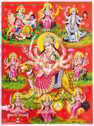 〔約40.5cm×約30.5cm〕輝くラメ入り・インドのヒンドゥー神様ポスター - ドゥルガー 勝利の女神