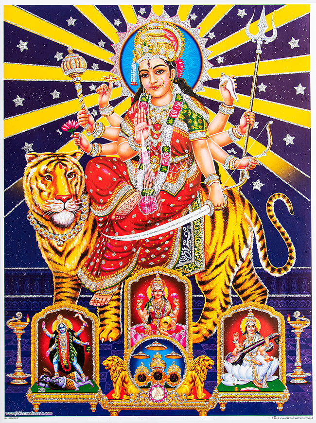 〔約40.5cm×約30.5cm〕輝くラメ入り・インドのヒンドゥー神様ポスター - ドゥルガー 勝利の女神の写真1枚目です。全体写真ですドゥルガー,デーヴァ神族,パールヴァティー,ポスター