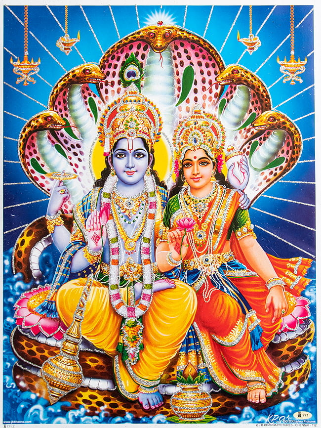 〔約40.5cm×約30.5cm〕輝くラメ入り・インドのヒンドゥー神様ポスター - ヴィシュヌ ラクシュミの写真1枚目です。全体写真ですクリシュナ,Krishna,ポスター,ヒンドゥー教,絵画