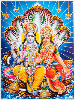 〔約40.5cm×約30.5cm〕輝くラメ入り・インドのヒンドゥー神様ポスター - ヴィシュヌ ラクシュミの商品写真