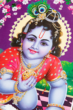 〔約40.5cm×約30.5cm〕輝くラメ入り・インドのヒンドゥー神様ポスター - ベイビークリシュナ - サブ2