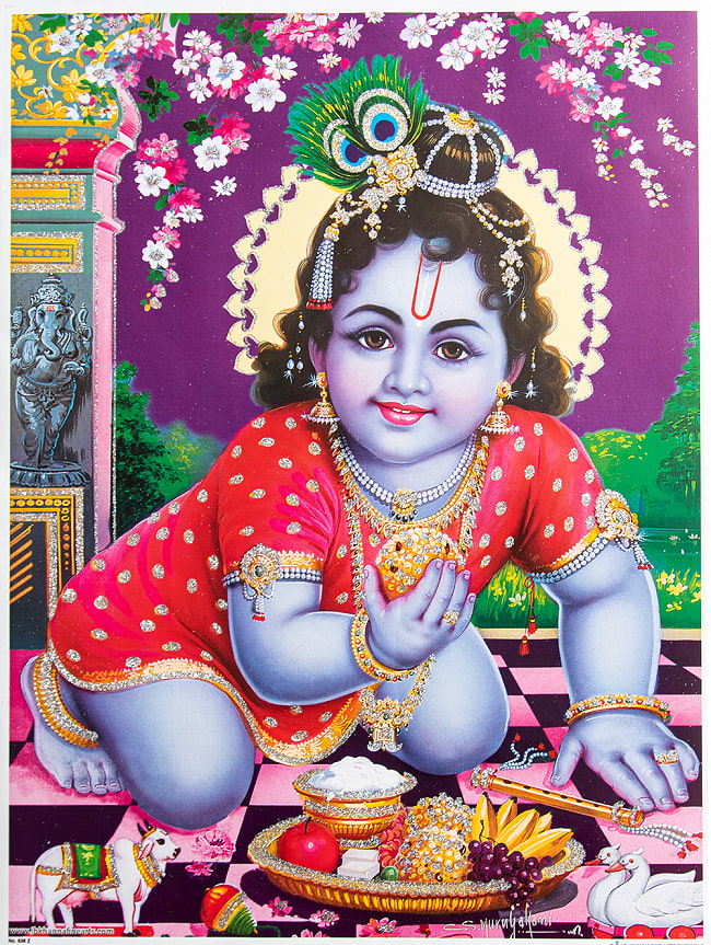 〔約40.5cm×約30.5cm〕輝くラメ入り・インドのヒンドゥー神様ポスター - ベイビークリシュナの写真1枚目です。全体写真ですクリシュナ,Krishna,ポスター,ヒンドゥー教,絵画