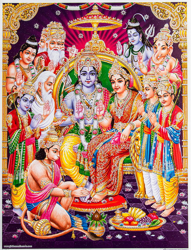 〔約40.5cm×約30.5cm〕輝くラメ入り・インドのヒンドゥー神様ポスター - ラーマーヤナの写真1枚目です。全体写真ですラクシュミー,吉祥天,Lakshmi,Laxmi,ディーワーリー,ディワリ,ポスター
