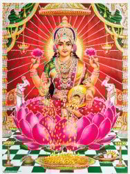〔約40.5cm×約30.5cm〕輝くラメ入り・インドのヒンドゥー神様ポスター - ラクシュミ 美と豊穣の女神