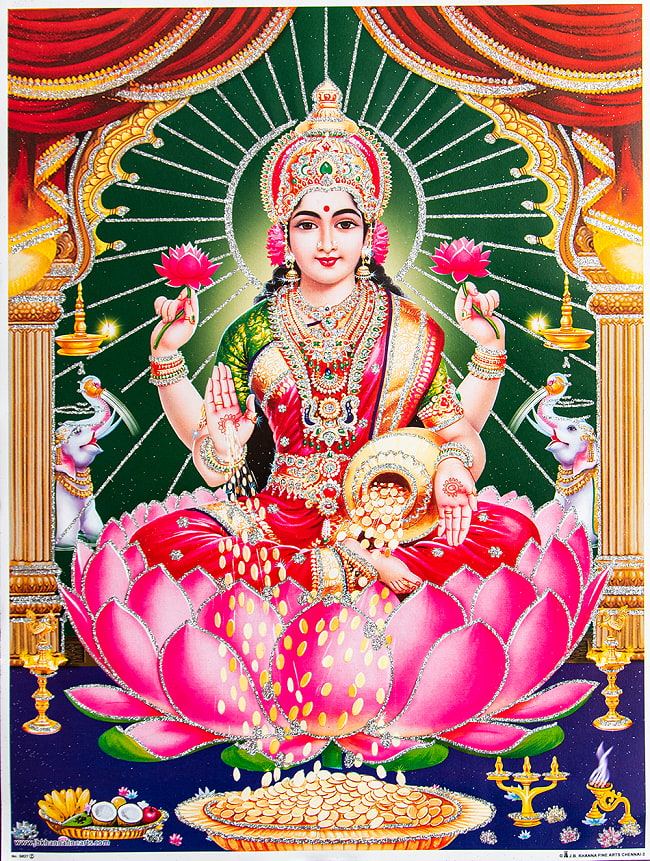 〔約40.5cm×約30.5cm〕輝くラメ入り・インドのヒンドゥー神様ポスター - ラクシュミ 美と豊穣の女神の写真1枚目です。全体写真ですラクシュミー,吉祥天,Lakshmi,Laxmi,ディーワーリー,ディワリ,ポスター