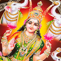 〔約40.5cm×約30.5cm〕輝くラメ入り・インドのヒンドゥー神様ポスター - ラクシュミ 美と豊穣の女神 - サブ2