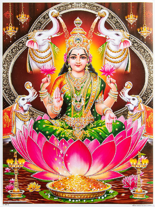 〔約40.5cm×約30.5cm〕輝くラメ入り・インドのヒンドゥー神様ポスター - ラクシュミ 美と豊穣の女神の写真1枚目です。全体写真ですラクシュミー,吉祥天,Lakshmi,Laxmi,ディーワーリー,ディワリ,ポスター