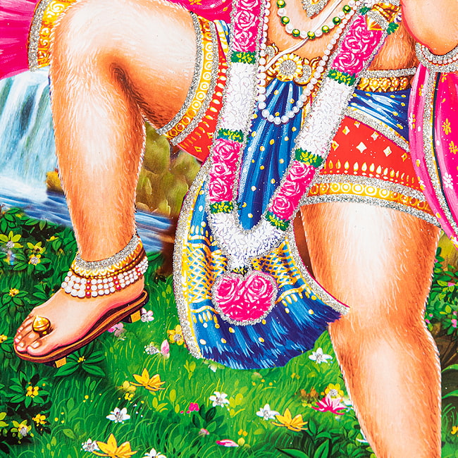 〔約40.5cm×約30.5cm〕輝くラメ入り・インドのヒンドゥー神様ポスター - ハヌマーン 猿族の王子様 3 - 細部を見てみました。雰囲気たっぷりです。