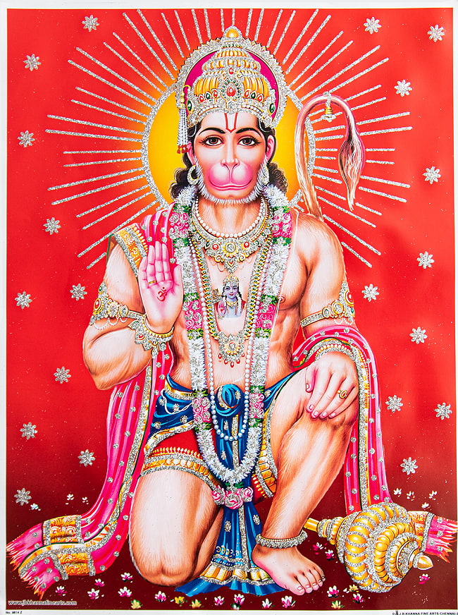 〔約40.5cm×約30.5cm〕輝くラメ入り・インドのヒンドゥー神様ポスター - ハヌマーン 猿族の王子様の写真1枚目です。全体写真ですハヌマーン,ヴァナラ,ラーマヤナ,Hanuman,ポスター