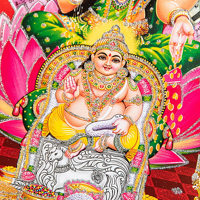 〔約40.5cm×約30.5cm〕輝くラメ入り・インドのヒンドゥー神様ポスター - ラクシュミー・サラスヴァティ・ガネーシャ 3 - 細部を見てみました。雰囲気たっぷりです。
