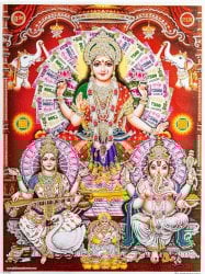 〔約40.5cm×約30.5cm〕輝くラメ入り・インドのヒンドゥー神様ポスター - ラクシュミー・サラスヴァティ・ガネーシャ(ID-PSTB-490)