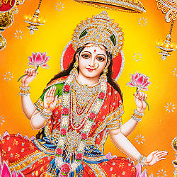 〔約40.5cm×約30.5cm〕輝くラメ入り・インドのヒンドゥー神様ポスター - ラクシュミー・サラスヴァティ・ガネーシャ - サブ2