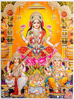 〔約40.5cm×約30.5cm〕輝くラメ入り・インドのヒンドゥー神様ポスター - ラクシュミー・サラスヴァティ・ガネーシャの商品写真