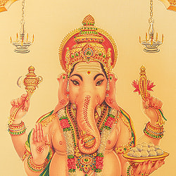 〔約40cm×約30cm〕インドのヒンドゥー神様ゴールドポスター - ガネーシャ 学問と商売の神様 - サブ2