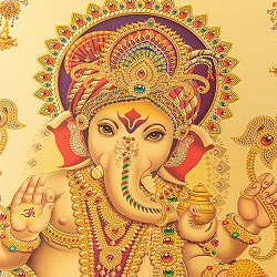 〔約40cm×約30cm〕インドのヒンドゥー神様ゴールドポスター - ガネーシャ 学問と商売の神様 - サブ2