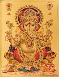 〔約40cm×約30cm〕インドのヒンドゥー神様ゴールドポスター - ガネーシャ 学問と商売の神様