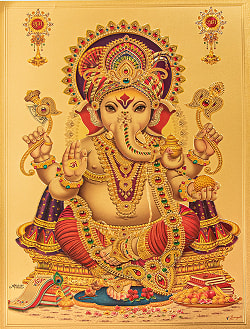 〔約40cm×約30cm〕インドのヒンドゥー神様ゴールドポスター - ガネーシャ 学問と商売の神様